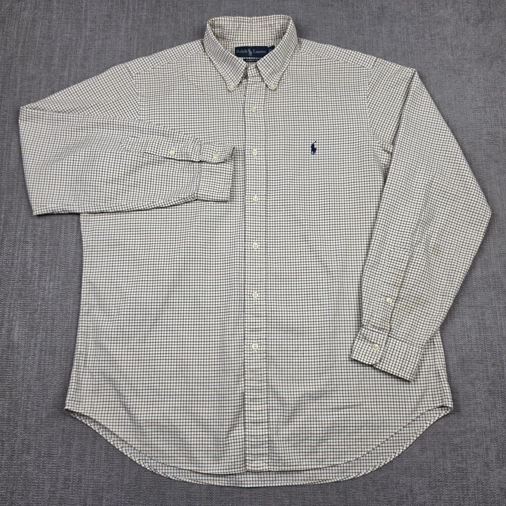 Polo Ralph Lauren Mens Large Classic Fit Grid Check Button Down Shirt Beige Pony